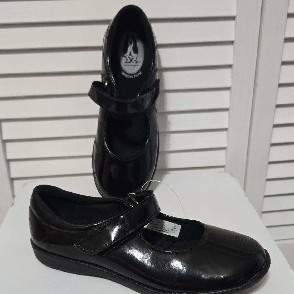 HUSH PUPPIES Mary Jane Shoes Black Patent  Shoes MEMORY FOAM SIZE 2 NEW VELCRO
